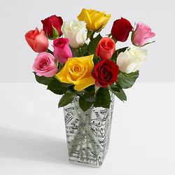 12 Long Stemmed Rainbow Roses with Music Vase & Chocolates