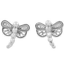 Shining Filigree Dragonfly Sterling Silver Button Earrings