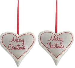 2 Merry Christmas Cotton Heart Ornaments