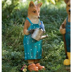 Hand-Painted Fox Garden Statue with Watering Can