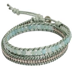 Blue Contrasts Amazonite and Silver Bead Wrap Bracelet