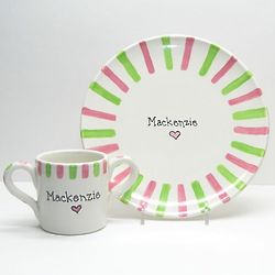 Child's Pink and Green Plate and Cup Set