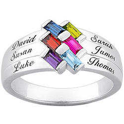 Sterling Silver Baguette Birthstone & Name Family Ring