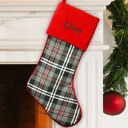 Personalized Gray Plaid Stocking with Red Cuff