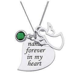 Personalized Silver Heart, Angel, and Birthstone Memorial Pendant