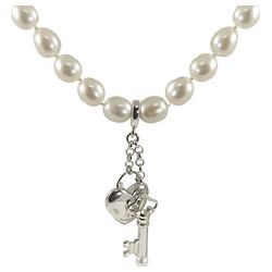 18" Pearl Heart and Key Necklace in Sterling Silver