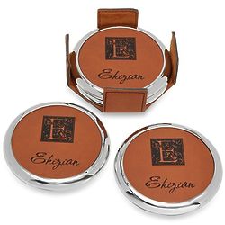 Monogrammed Rawhide and Silver Round Coaster Set
