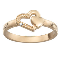 Couple's Personalized Gold-Plated Double Heart Ring with Diamonds