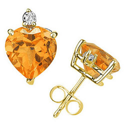 Heart Citrine and Diamond Stud Earrings in 14K Yellow Gold