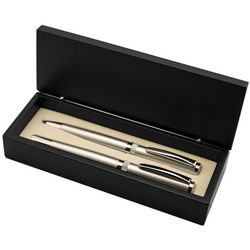 Monogrammed Satin Silver Double Pen Set in Wooden Box