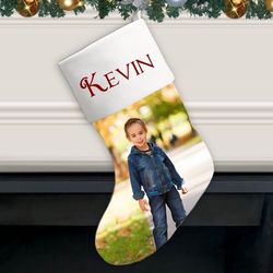 Custom Photo Christmas Stocking for Him with Festive Red Lining