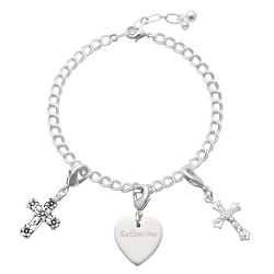 Personalized Silver Charm Heart Bracelet with Filigree Crosses