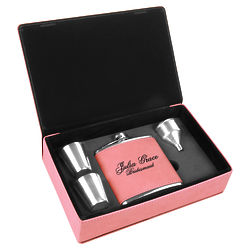 Personalized Flask and Shot Glasses in Pink & Black Faux Leather