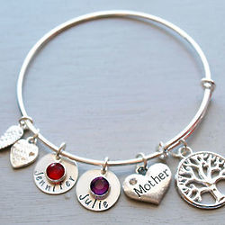 Mother Personalized Wire Bangle Bracelet with Name Tag Birthstone
