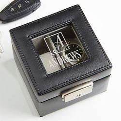 Engraved Square Monogram 2-Slot Leather Watch Box