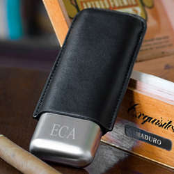 Personalized Stainless Double Cigar Holder in Black Leather