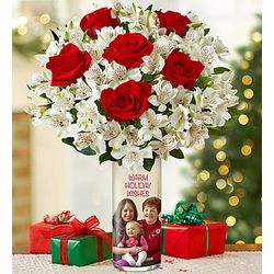 Christmas Personalized Vase with Red Roses and Peruvian Lilies