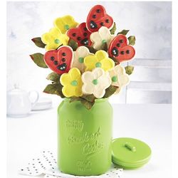 Green Mason Jar with Cookie Flowers Bouquet