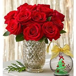 Christmas Red Rose Bouquet with Lenox Ornament