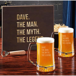 The Man the Myth the Legend Personalized Beer Glasses in Wood Box