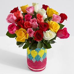 24 Long Stem Rainbow Roses with All Across Africa Vase