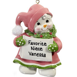 Personalized Snowman Kid's Pink Hat Christmas Ornament