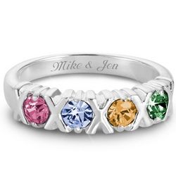 Sterling Silver Four Birthstone Hugs and Kisses Ring