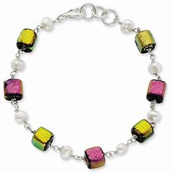 Sterling Silver Pink and Yellow Dichroic Glass Bracelet