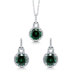 Sterling Silver Round Simulated Emerald Halo Necklace & Earrings
