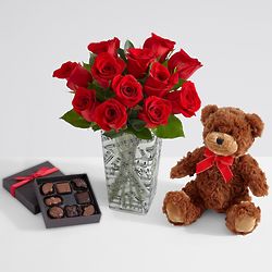 One Dozen Red Roses with Music Vase, Chocolates, and Teddy Bear