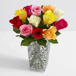 One Dozen Rainbow Roses With Music Vase and Chocolates