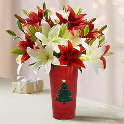 Holiday Lilies with Velvet Christmas Tree Vase