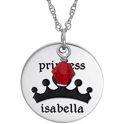 Sterling Princess Crown Engraved Name & Birthstone Disc Pendant