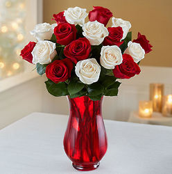Peppermint Roses with Red Vase