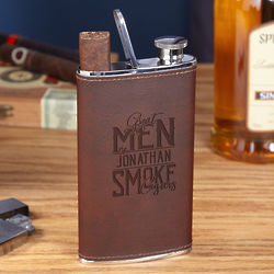 Great Men Smoke Cigars Personalized Brown Leather Flask