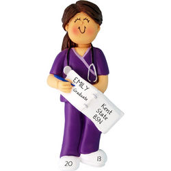 Brunette Girl in Purple Scrubs Nurse Graduation Ornament