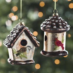 2 Glass Birdhouse Ornaments