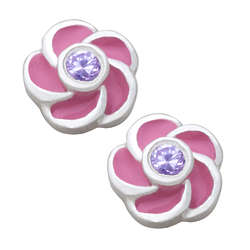 Sterling Silver Pink Flower Birthstone Earrings