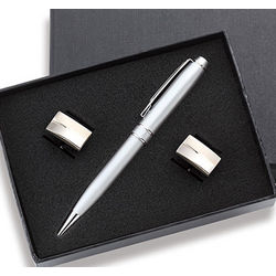 Two Tone Silver Cufflinks and Matching Pen Gift Set