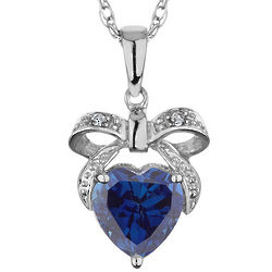 Created Sapphire Bow and Heart Pendant with Diamonds