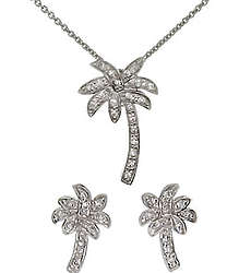 Cubic Zirconia Palm Tree Necklace and Stud Earring Set