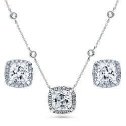 Bridesmaid's Silver Cushion Cut CZ Halo Necklace and Earrings