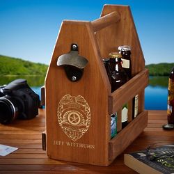 Police Badge Personalized Wood Beer Caddy and Bottle Opener