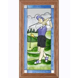 Lady Golfer Art Glass Panel