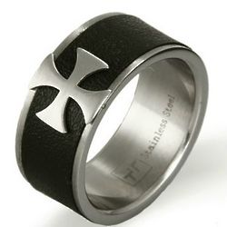 Men's Steel Maltese Cross Ring with Leather Inlay