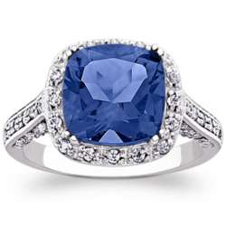 Sterling Silver Cushion-Cut Created Sapphire and CZ Ring