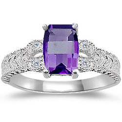 Diamond and AAA Barrel-Cut Amethyst Ring in 14K White Gold