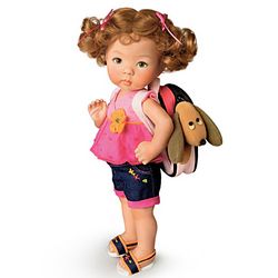 Porcelain Toddler Girl Doll with Backpack and Plush Puppy
