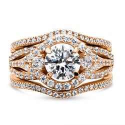 Rose Gold Plated Sterling Silver CZ 3-Stone Halo Ring Set