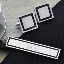 Personalized Black Border Cuff Links and Tie Clip Set